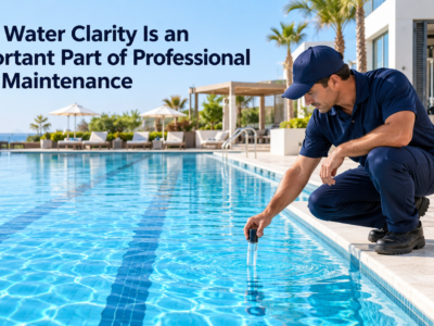 Professional pool technician testing crystal-clear water at a commercial resort pool during routine maintenance.