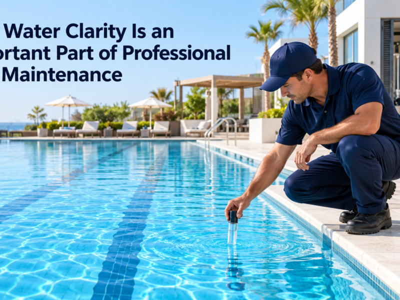 Professional pool technician testing crystal-clear water at a commercial resort pool during routine maintenance.